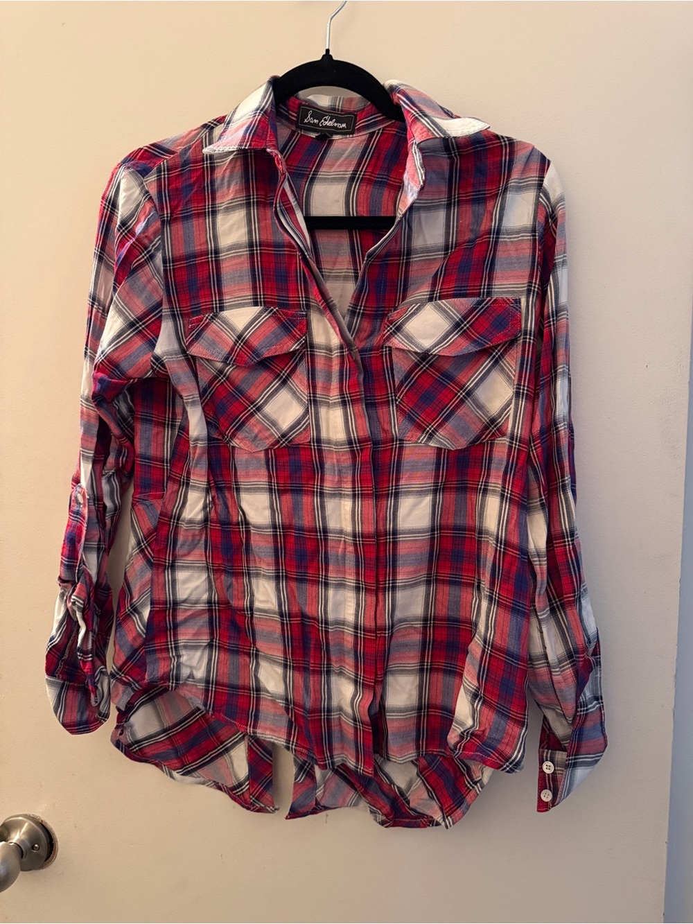 Sam Edelman Red and White Plaid Button-Down Shirt